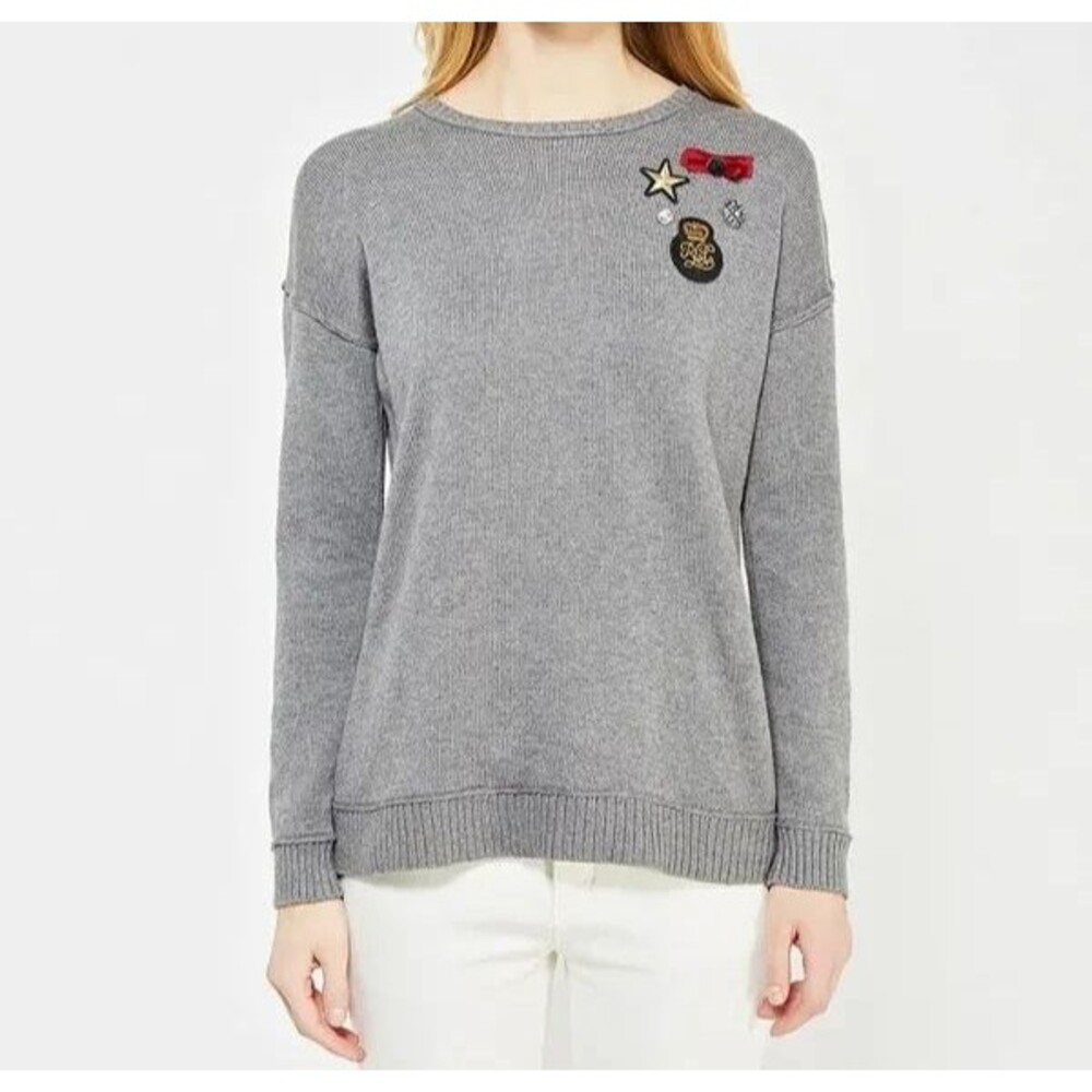 Lauren Ralph Lauren Gray Patch Pin Jeweled Long Sleeve Sweater Size XL